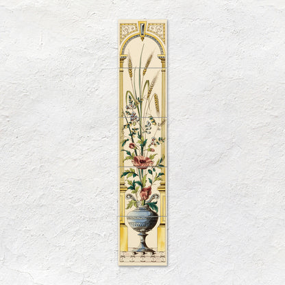 Poppy and wheatsheaf 5-tile set featuring decorative ceramic tiles with a classical urn of flowers on county white