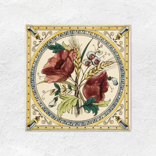 Poppy And Wheatsheaf Single Tile On County White 152x152mm