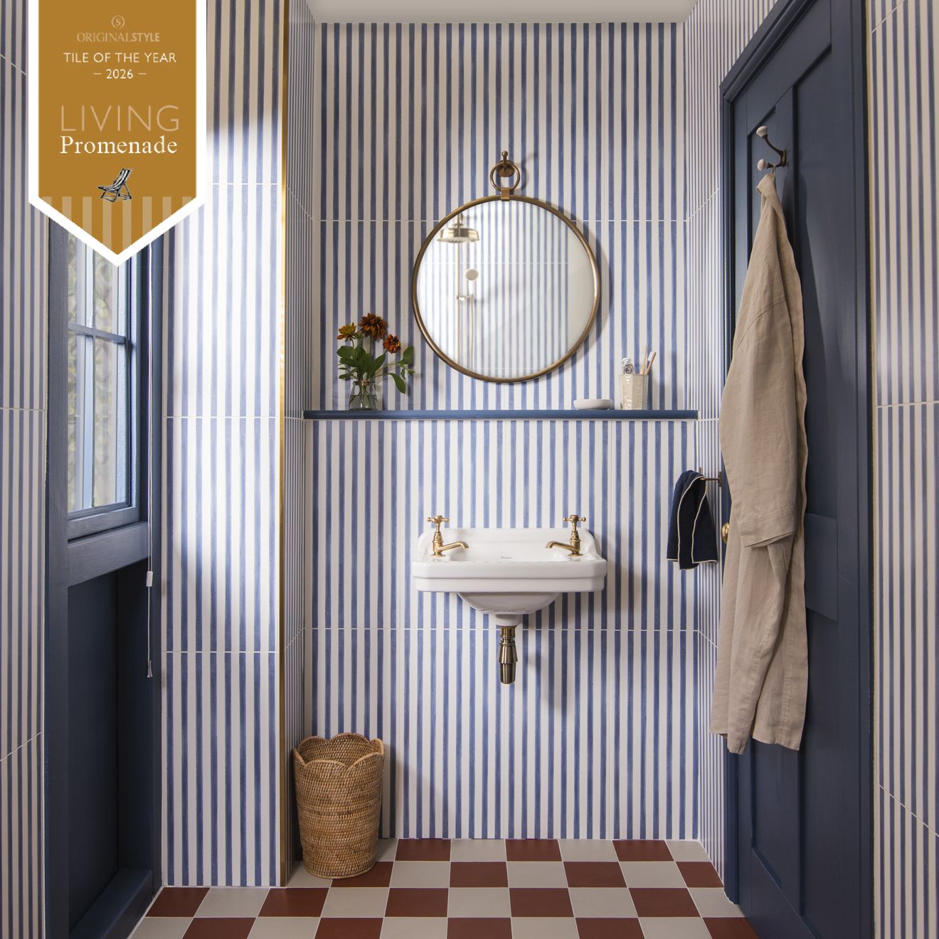 Blue and white vertically striped ceramic promenade brighton 60x30cm tiles covering bathroom walls