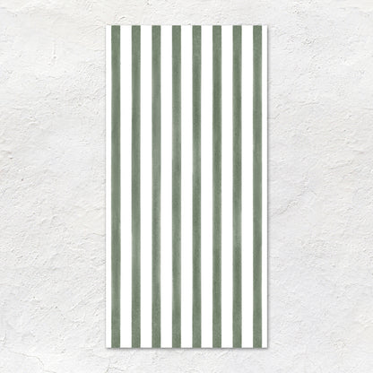 A rectangular promenade hastings beach towel with vertical sage green and white stripes measuring 60x30cm