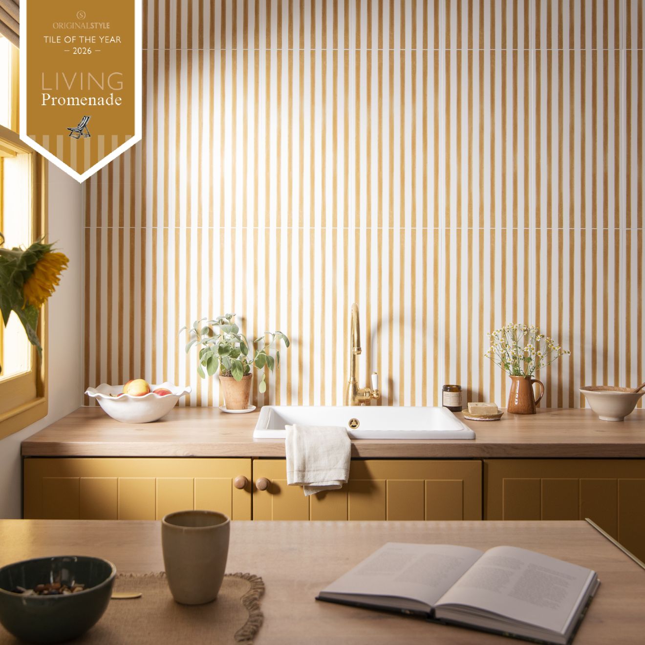 Beige and cream vertical-striped ceramic kitchen backsplash tiles promenade margate 60x30cm