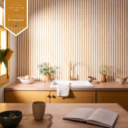 Beige and cream vertical-striped ceramic kitchen backsplash tiles promenade margate 60x30cm