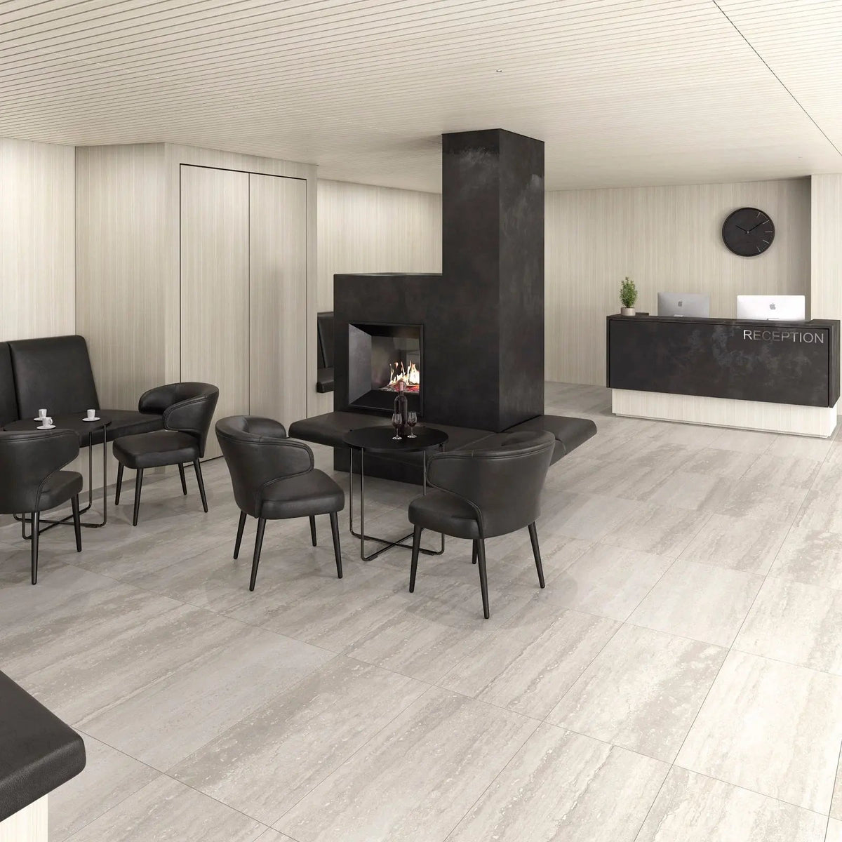 Pure Travertine Grey Natural Porcelain 30 x 60cm glazed porcelain stone effect tile room setting