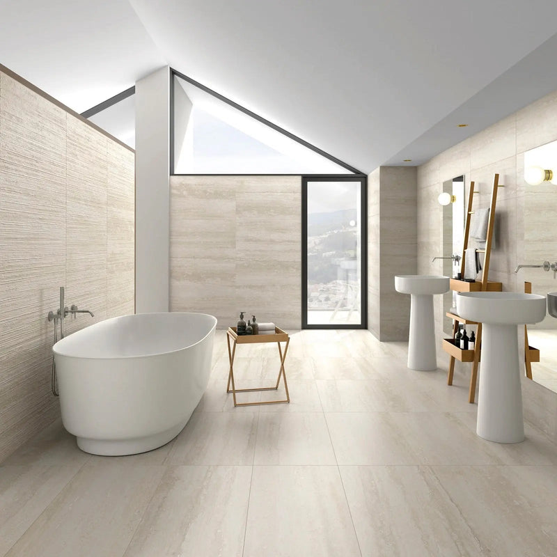 Pure Travertine Ivory Natural Porcelain 30 x 60cm glazed porcelain stone effect tile room setting
