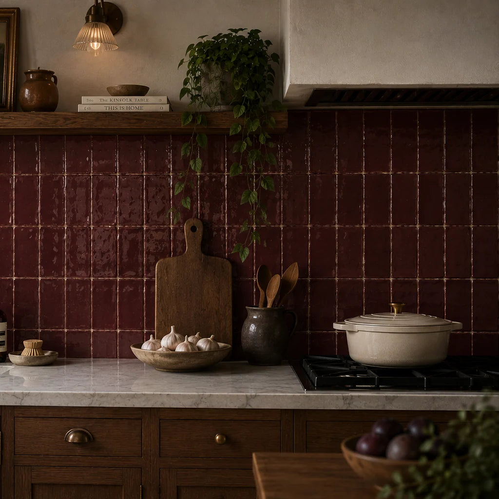 Remy Wine red gloss brick wall tile 6.5 x 13cm shown in a room setting