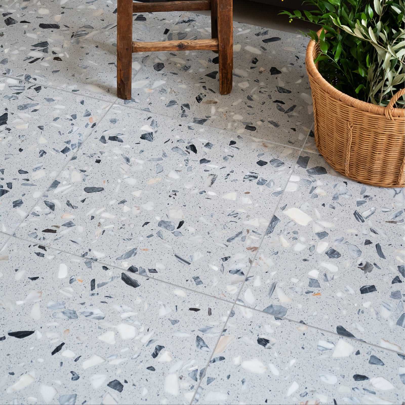 Rialto Terrazzo Castello Honed Wall & Floor Tile 60x60cm in a bathroom setting