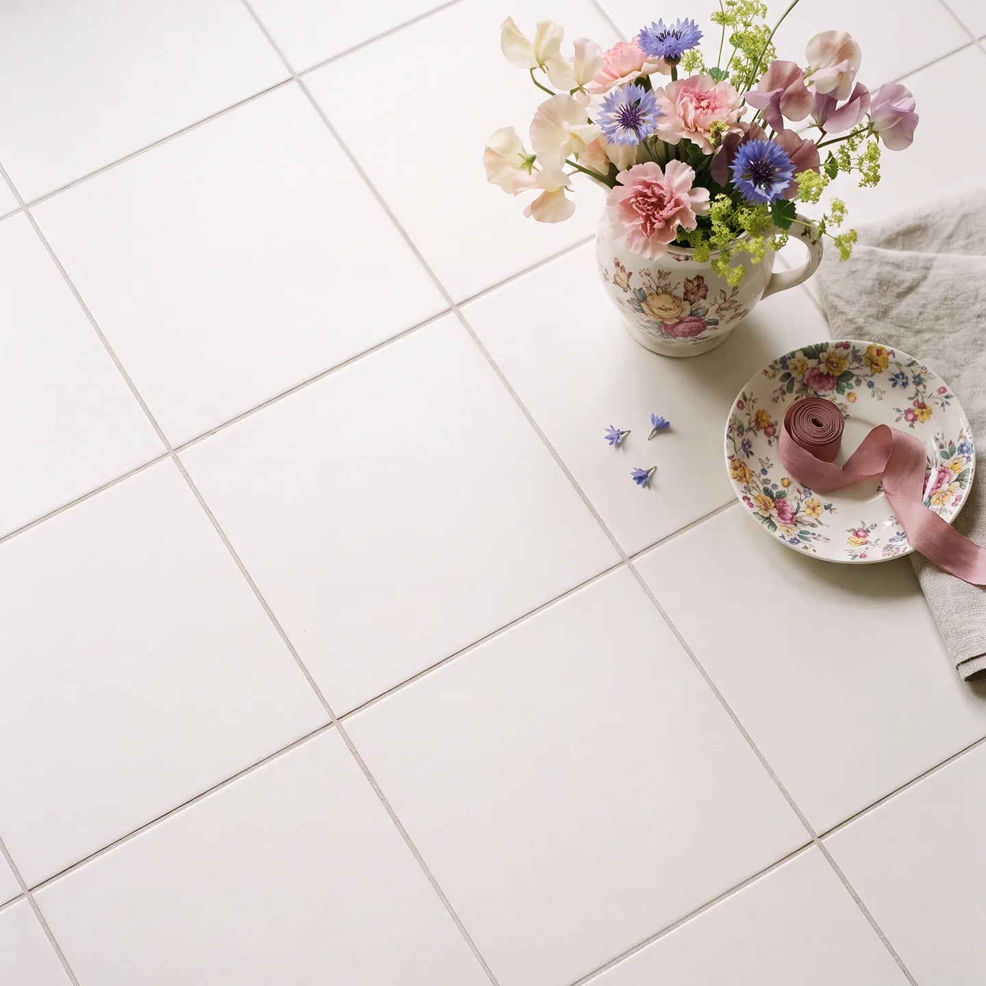 Sanderson Plain Orchid White Porcelain Wall & Floor Tile 20x20cm