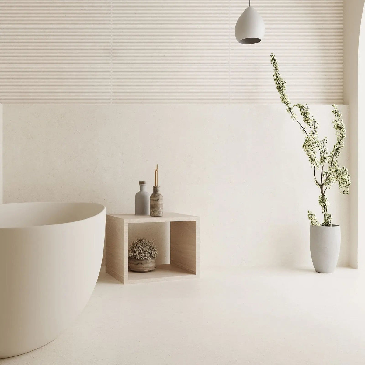 Serene Blanco Décor 30 x 90cm glazed ceramic fluted stone effect feature tile room setting