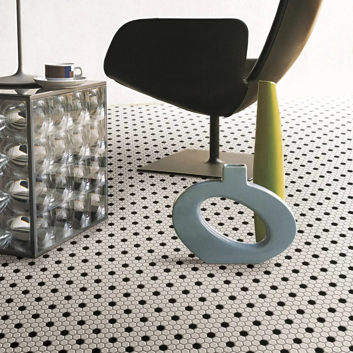 Shapes Hexagon White & Black 26 x 30cm porcelain mosaic room setting