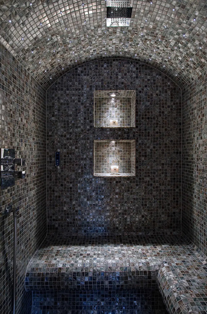 Siminetti Anthracite 25mm Bathroom Mosaic Tiles showcased in sauna