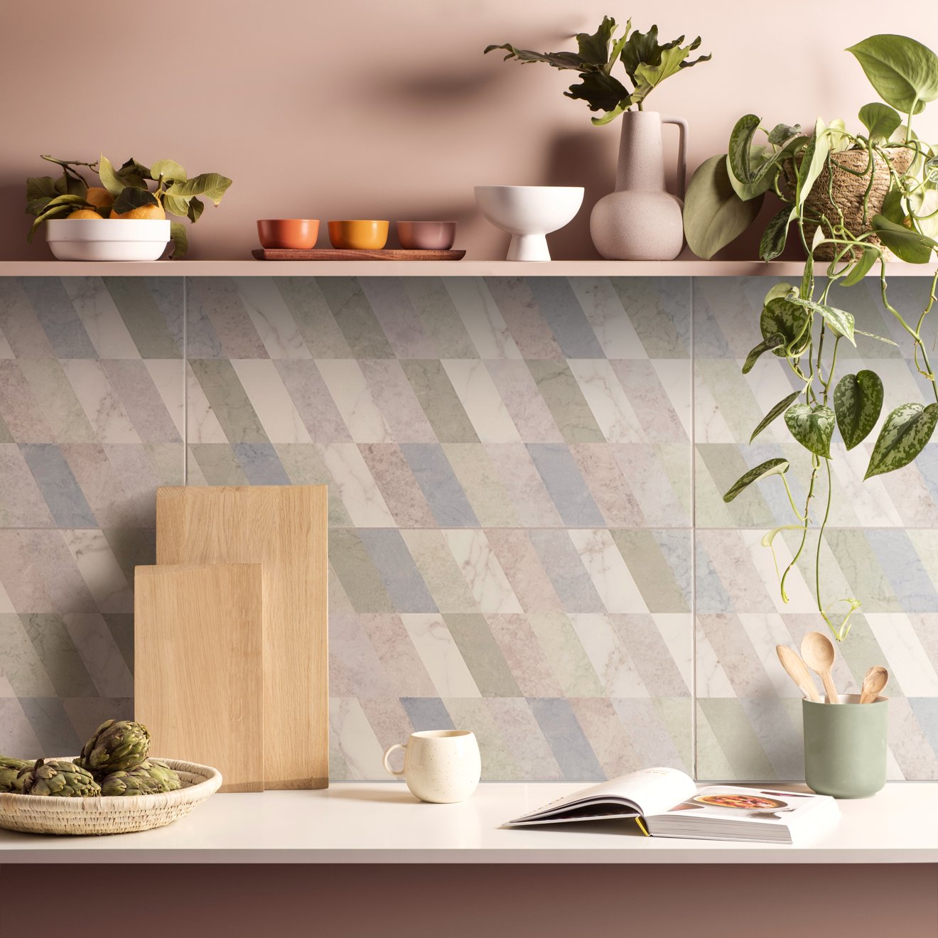 South Beach Collins 60x30cm kitchen backsplash tiles with geometric pattern in soft muted gray and beige tones