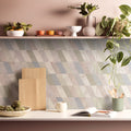 South Beach Collins 60x30cm kitchen backsplash tiles with geometric pattern in soft muted gray and beige tones