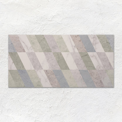 A rectangular South Beach Collins ceramic tile 60x30cm with modern pastel diagonal stripes and subtle marble veining