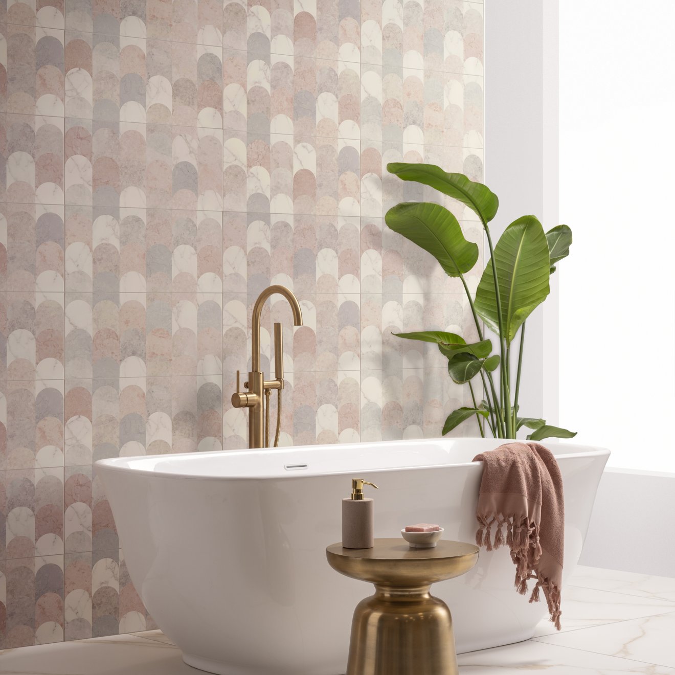 White freestanding South Beach Delano bathtub with gold faucet and matching pedestal table 60x30cm size
