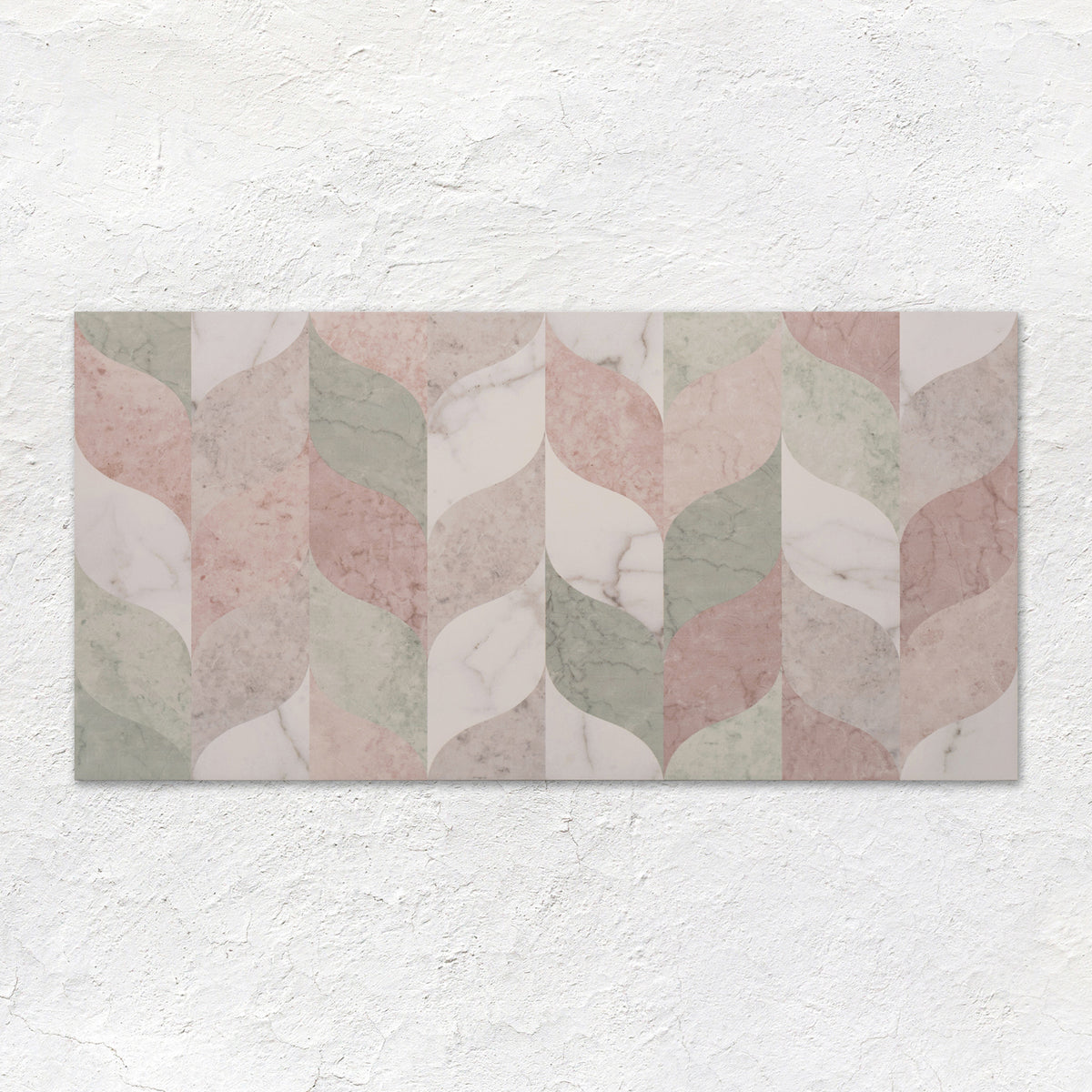 South Beach Ocean 60x30cm rectangular tile with modern geometric wave pattern in pink green and white marble tones