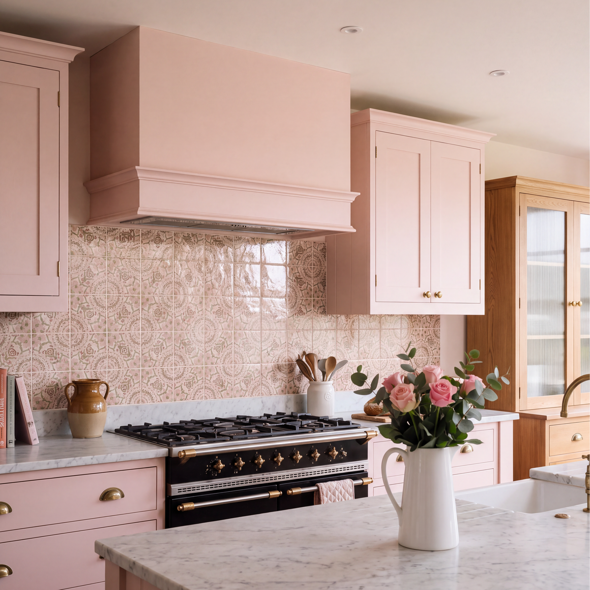 STUDIO Sanderson Anthos Pink Clay ceramic tiles used as a kitchen splashback