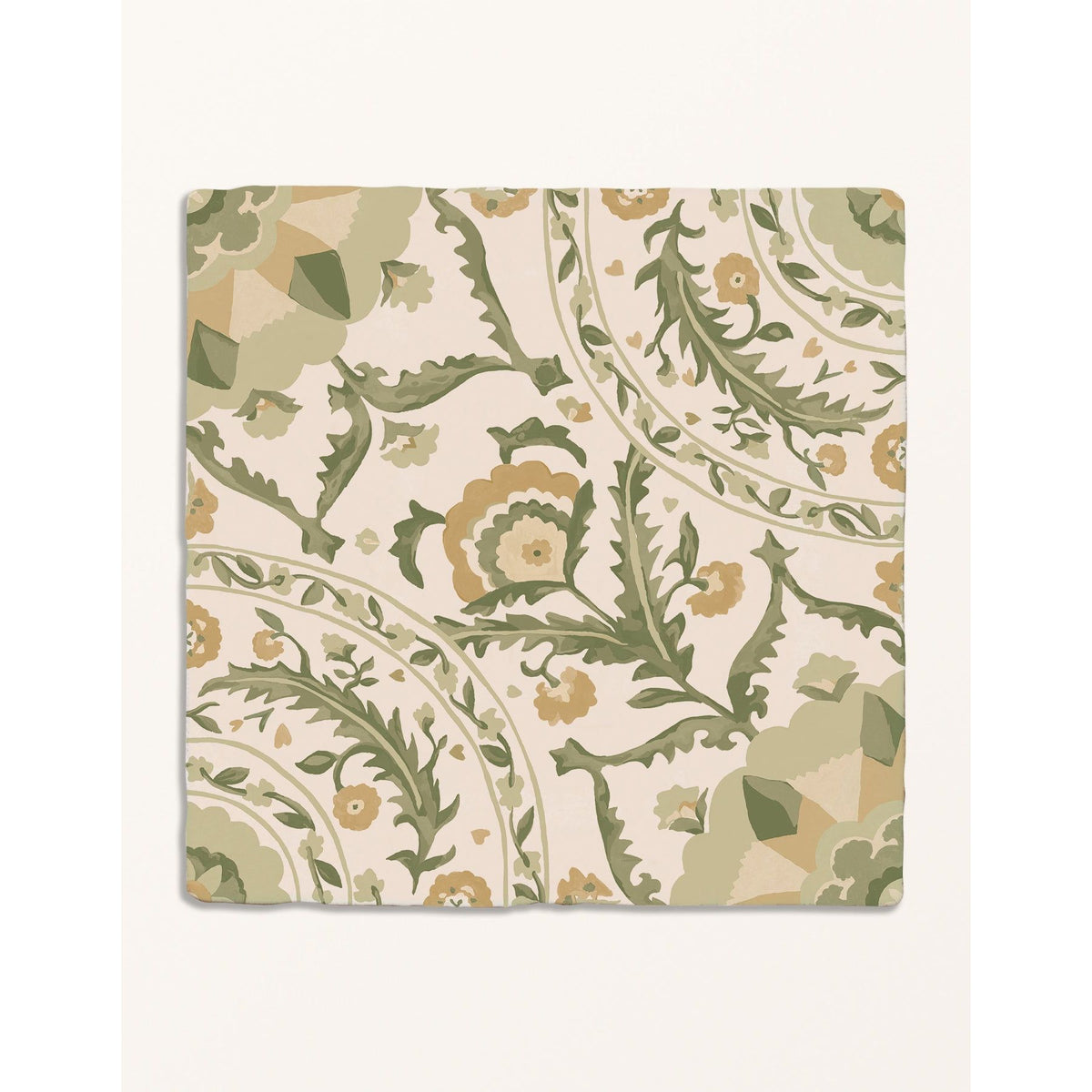 STUDIO Sanderson Anthos Sage tiles laid up as a panel of sage green flower heads