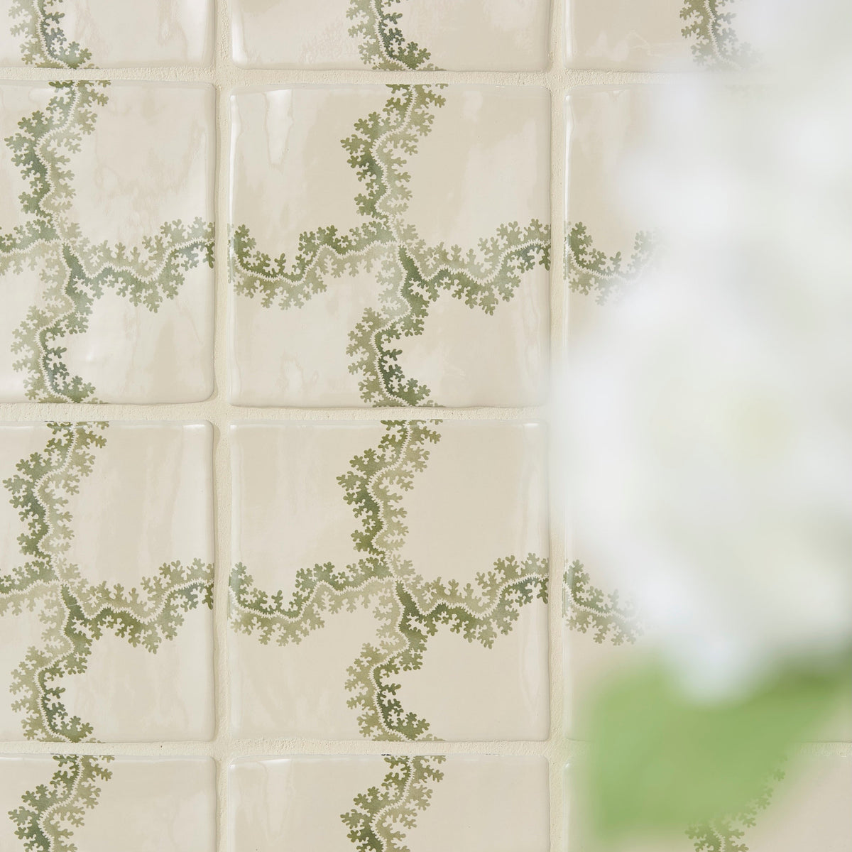 STUDIO Sanderson Oxbow Check Olive Ceramic Wall Tile 13x13cm - Gloss - Green
