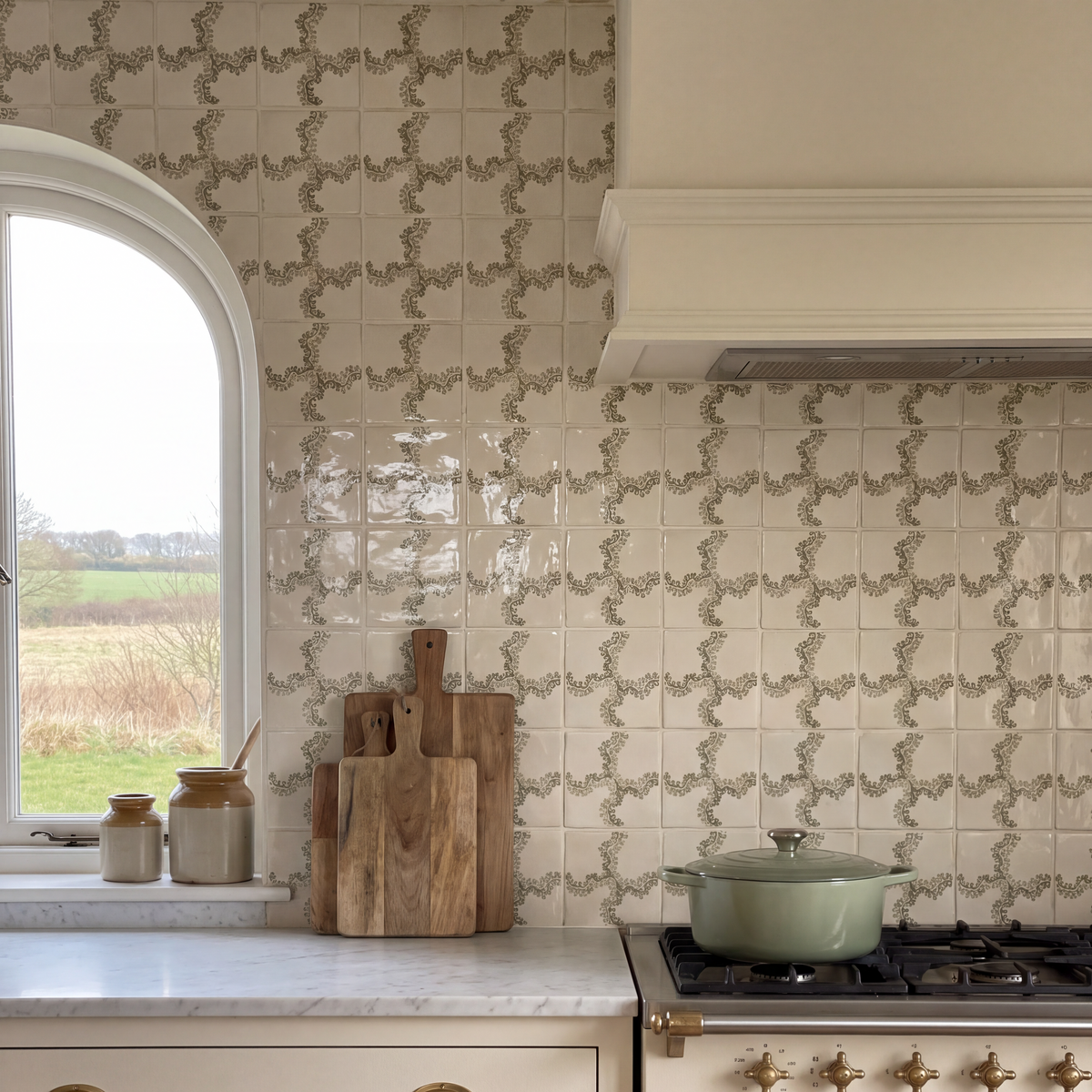 STUDIO Sanderson Oxbow Check Olive ceramic tiles forming a kitchen splashback