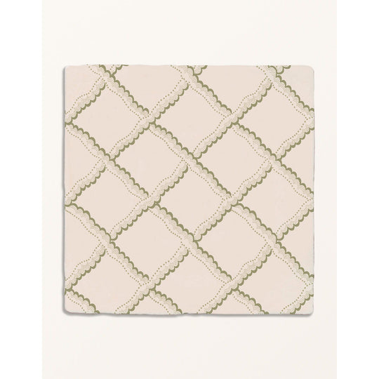 STUDIO Sanderson Rye Olive ceramic tiles laid up as a panel of olive-green grasses