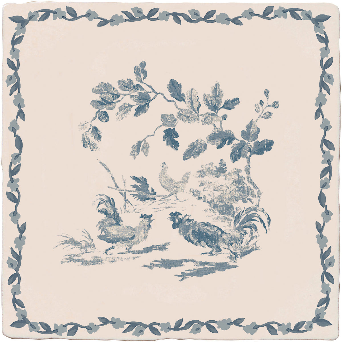 STUDIO Sanderson Aesop's Fables The Fighting Cockerels motif tile in Pottery Blue