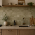 Taza Moss green zellige-style ceramic tiles on a kitchen splashback