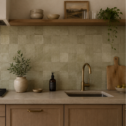 Taza Moss green zellige-style ceramic tiles on a kitchen splashback