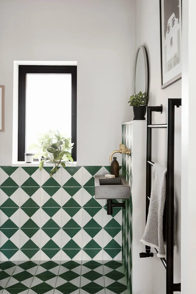 decor ideas for small bathroom and green churriana tile stocked by Hyperion Tiles