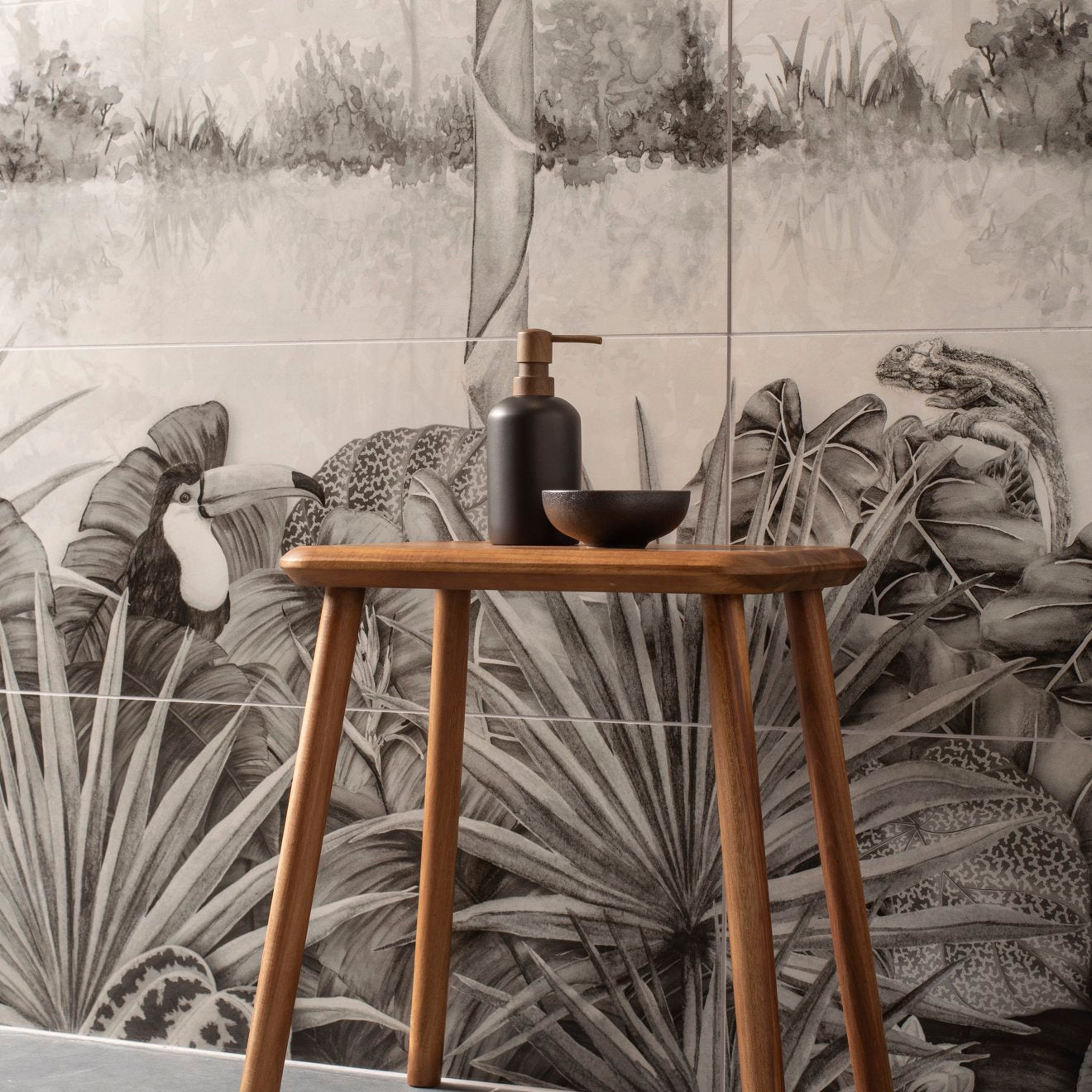 Tropical Oasis Monochrome Decorative 8-Tile Set Panel A – detail view 6