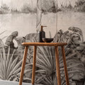 Tropical oasis monochrome decorative 8-tile set panel b featuring a black matte soap dispenser with brass pump on wood stool
