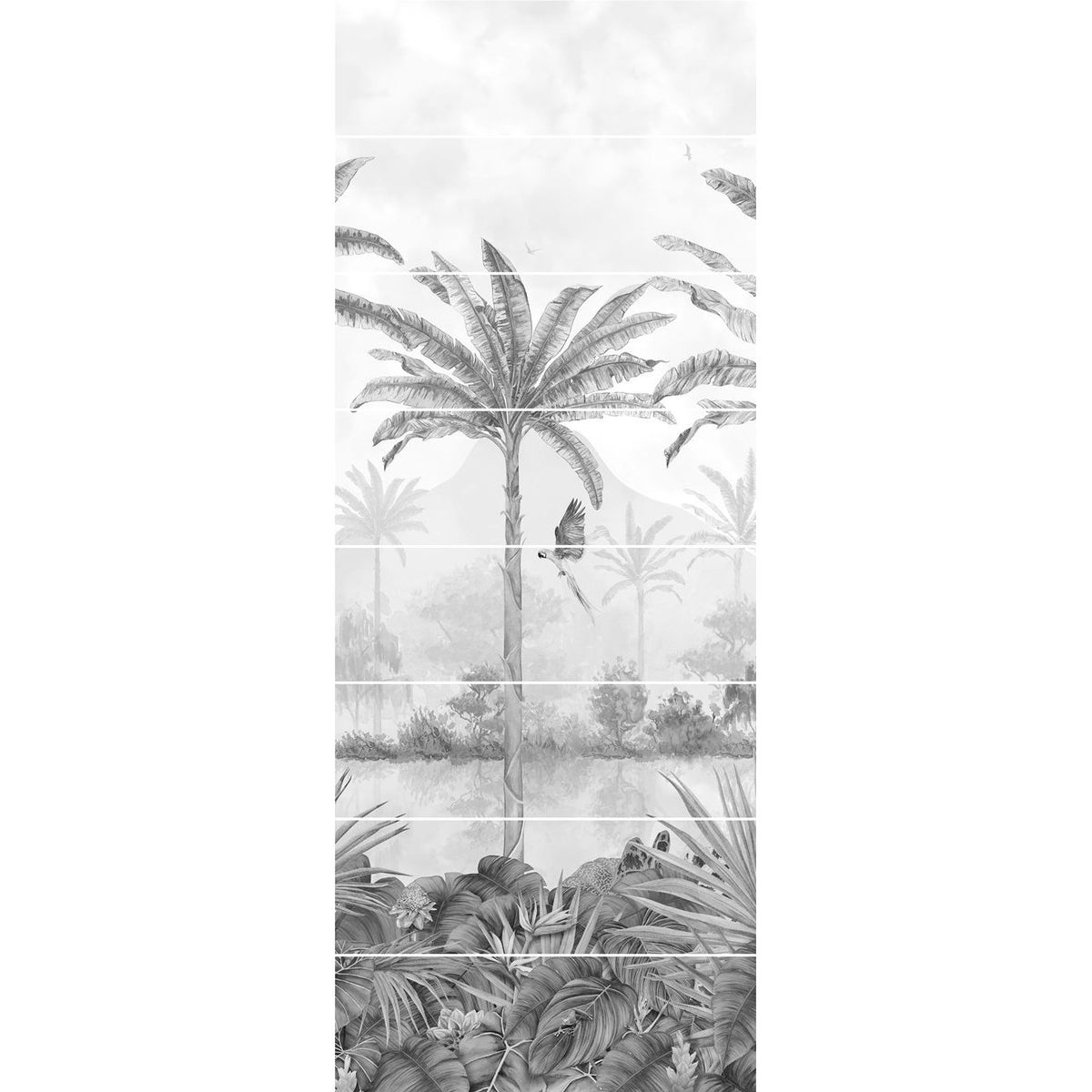 Tropical oasis monochrome decorative 8-tile set panel c featuring detailed palm trees and foliage wall tiles