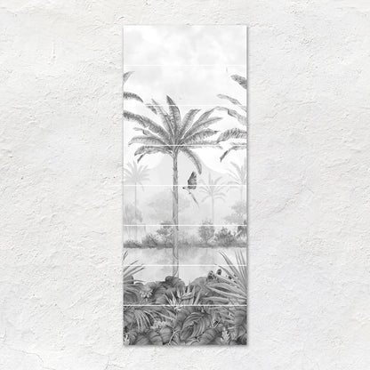 Tall rectangular ceramic tile panel with monochrome tropical jungle scene in gray from tropical oasis 8-tile set panel c