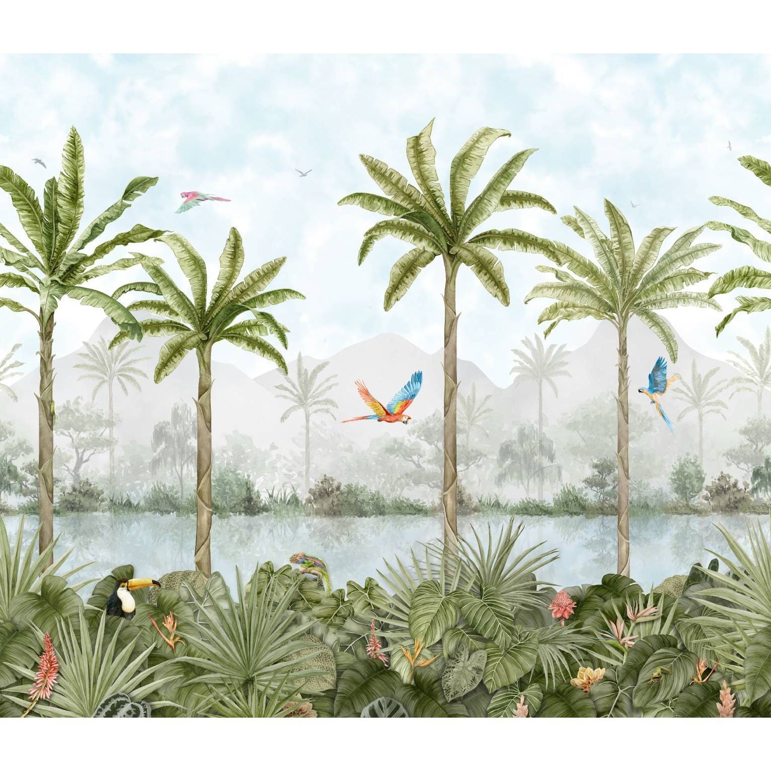 Tropical oasis mural decorative 24-tile set panel featuring lush green palm trees vibrant parrots and a misty river scene