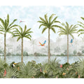 Tropical oasis mural decorative 24-tile set panel featuring lush green palm trees vibrant parrots and a misty river scene
