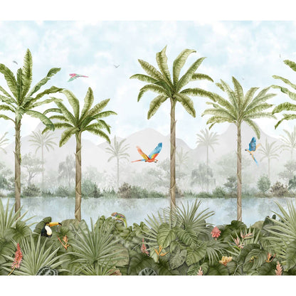 Tropical oasis mural decorative 24-tile set panel featuring lush green palm trees vibrant parrots and a misty river scene