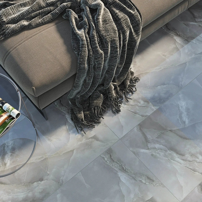 Tunis Dark Grey Polished 60 x 120cm porcelain marble effect tile room setting