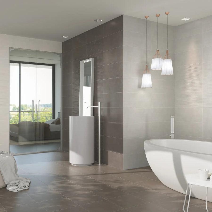 Hannover Grey Relieve Décor 25 x 60cm textured ceramic tile room setting