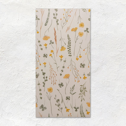 Wildflower Gold 60x30cm rectangular wall hanging with delicate yellow and green botanical pattern on beige background