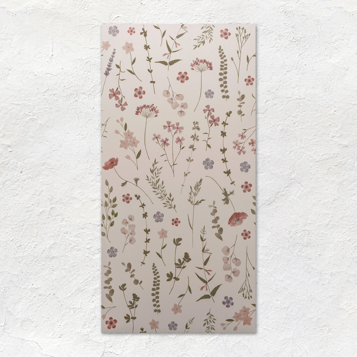 Rectangular wall tile wildflower rose 60x30cm with delicate pink mauve and green botanical pattern on beige background