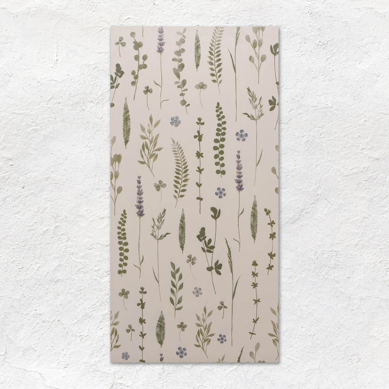 Wildflower violet rectangular wall-mounted tile with delicate green and purple herbs on off-white background 60x30cm