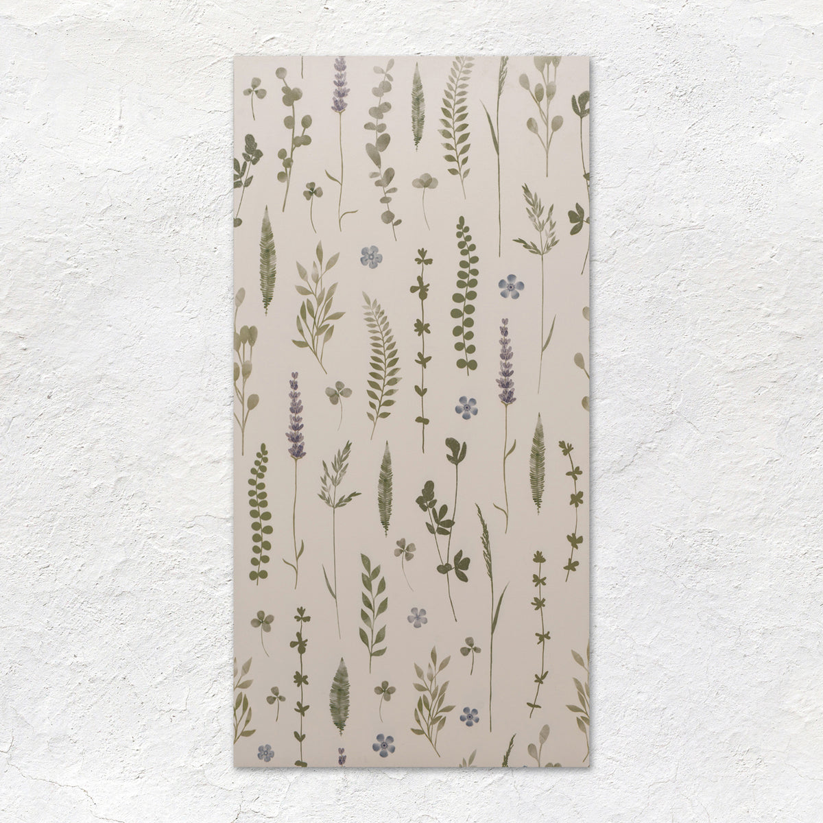 Wildflower violet rectangular wall-mounted tile with delicate green and purple herbs on off-white background 60x30cm