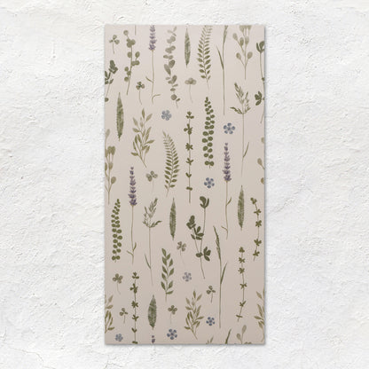 Wildflower violet rectangular wall-mounted tile with delicate green and purple herbs on off-white background 60x30cm