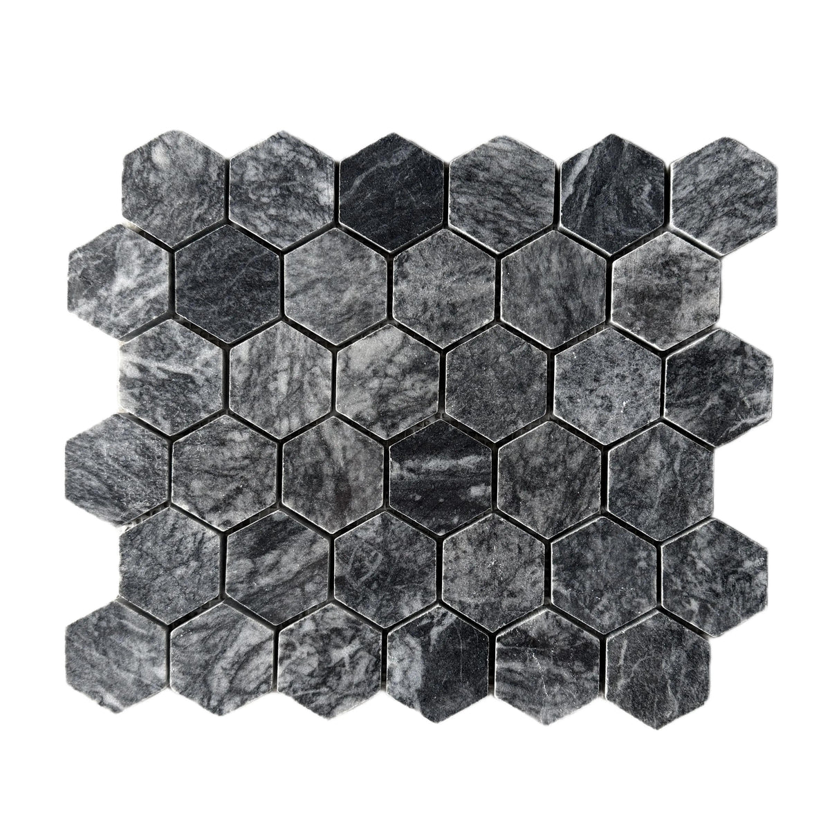 Full sheet of Platinum Black polished marble hexagon mosaic laid flat