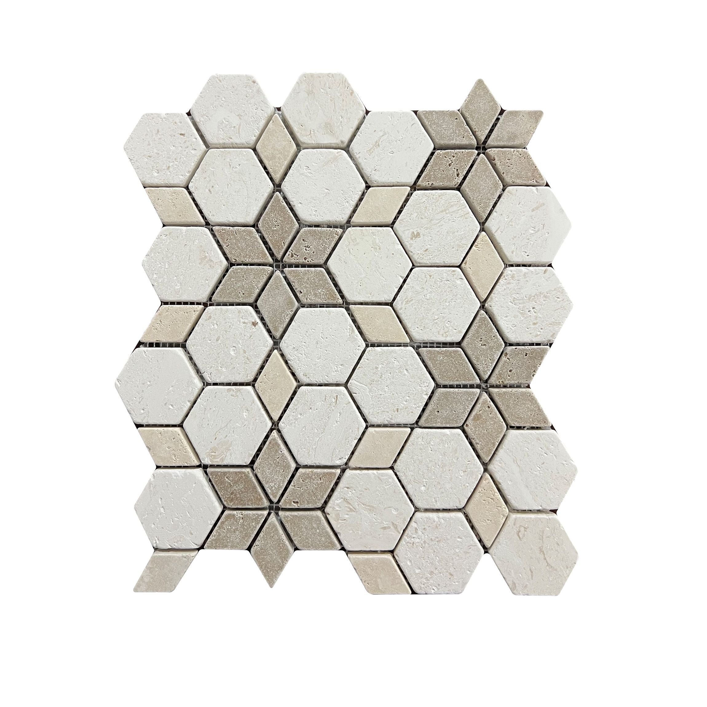 Close detail of tumbled travertine starline mosaic showing rounded edges and open natural pitting