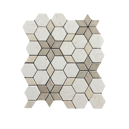 Close detail of tumbled travertine starline mosaic showing rounded edges and open natural pitting
