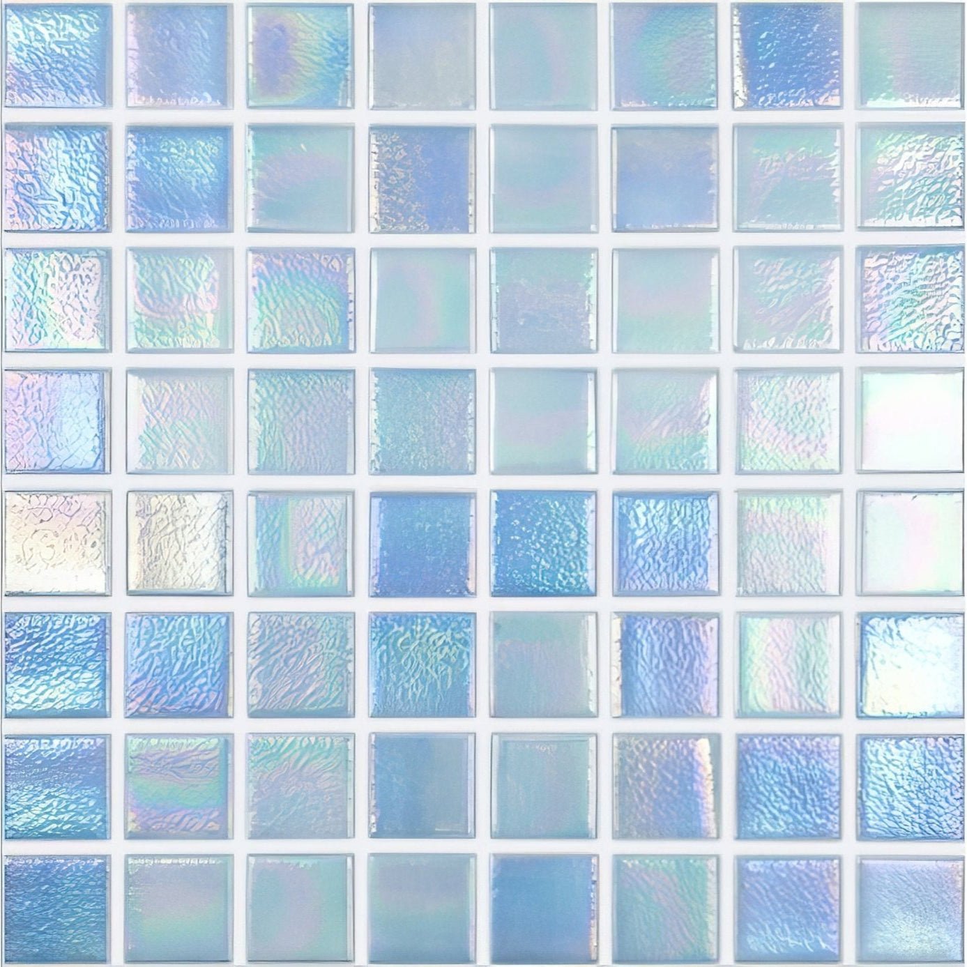 Abalone sky iridescent glass mosaic tiles featuring iridescent blue and white textured glass surface