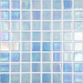 Abalone sky iridescent glass mosaic tiles featuring iridescent blue and white textured glass surface
