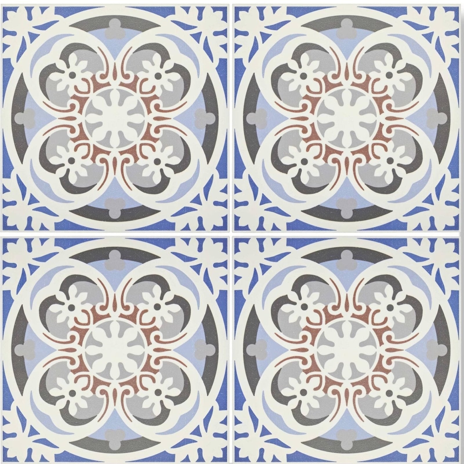 Blue and white abbey fountains patterned tile with intricate floral ceramic design in gray beige and muted red accents