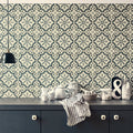 Gray and cream patterned abbey waverley ceramic tiles with intricate geometric designs covering the wall