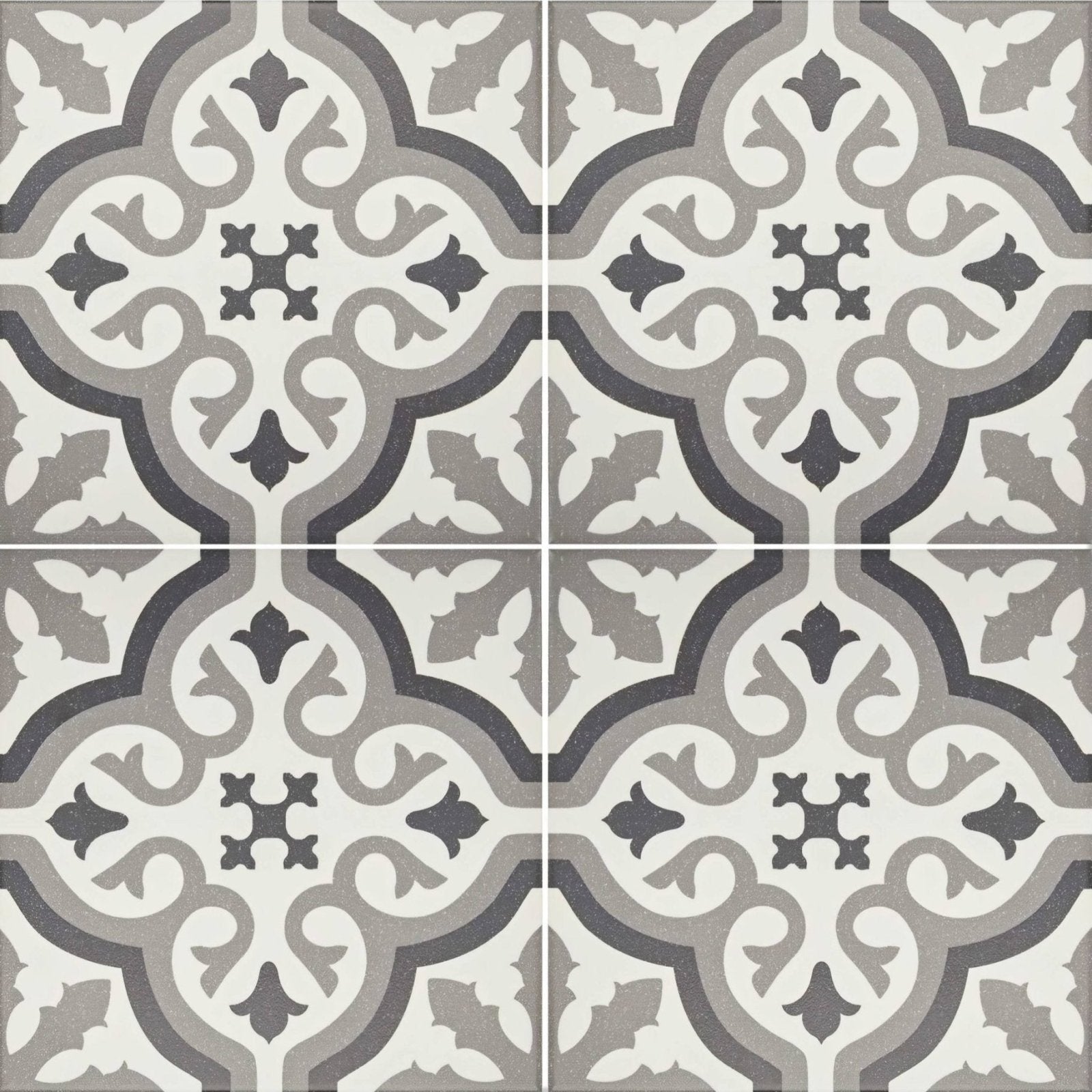 Abbey Waverley patterned ceramic tile with gray and white ornate floral and geometric designs for flooring use